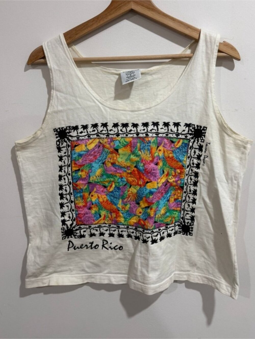 Vintage Toucan Dance Puerto Rico Graphic Crop Tank Top Size L Made in USA - Picture 2 of 5